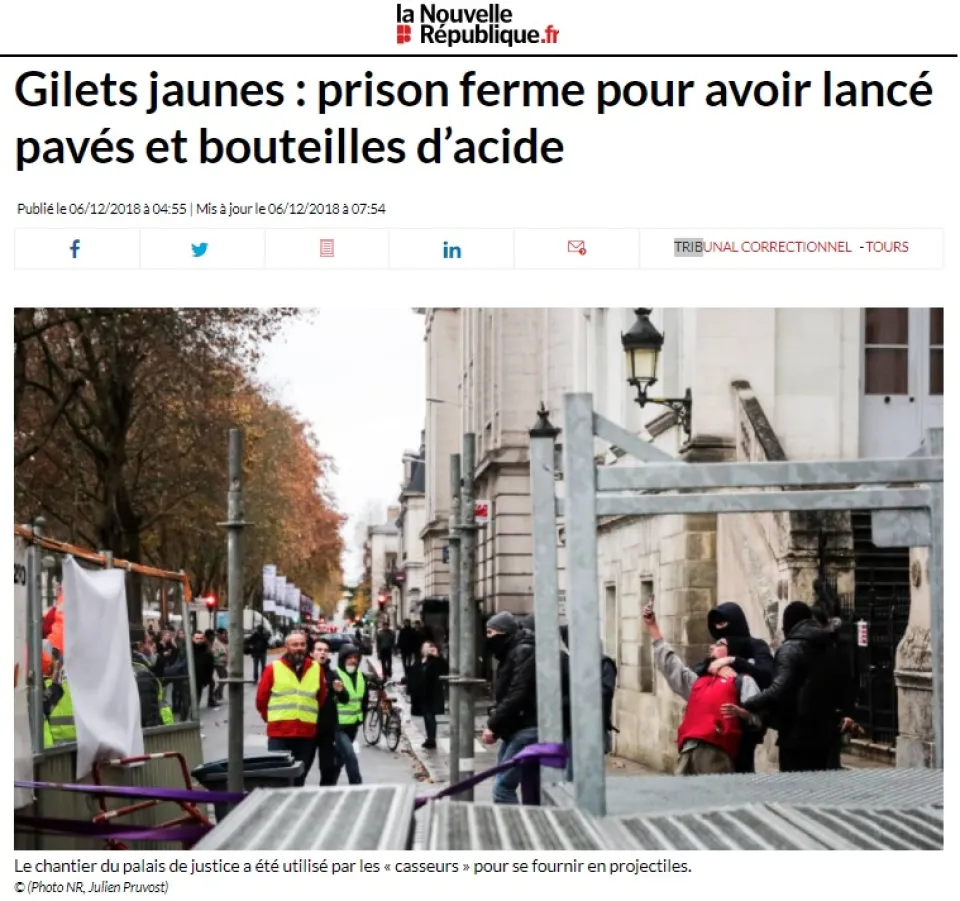 La Nouvelle République - Gilets jaunes : prison ferme pour avoir lancé pavés et bouteilles d’acide - Maître Germain YAMBA