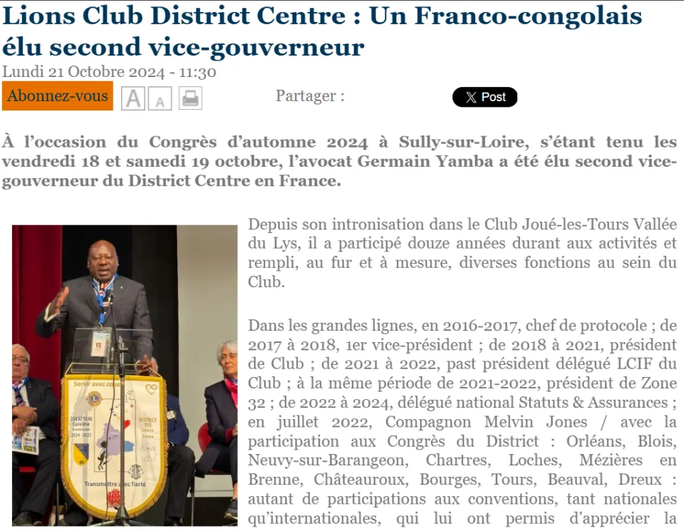 Germain Yamba, avocat, a été élu second vice-gouverneur du District Centre en France