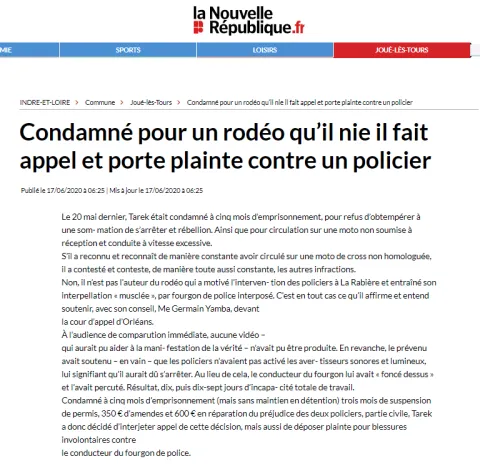 La Nouvelle République - Condamné pour un rodéo qu’il nie il fait appel et porte plainte contre un policier - Maître Germain YAMBA