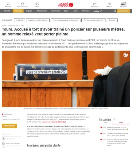 La Nouvelle République - Tours. Accusé à tort d’avoir traîné un policier sur plusieurs mètres, un homme relaxé veut porter plainte - Maître Germain YAMBA